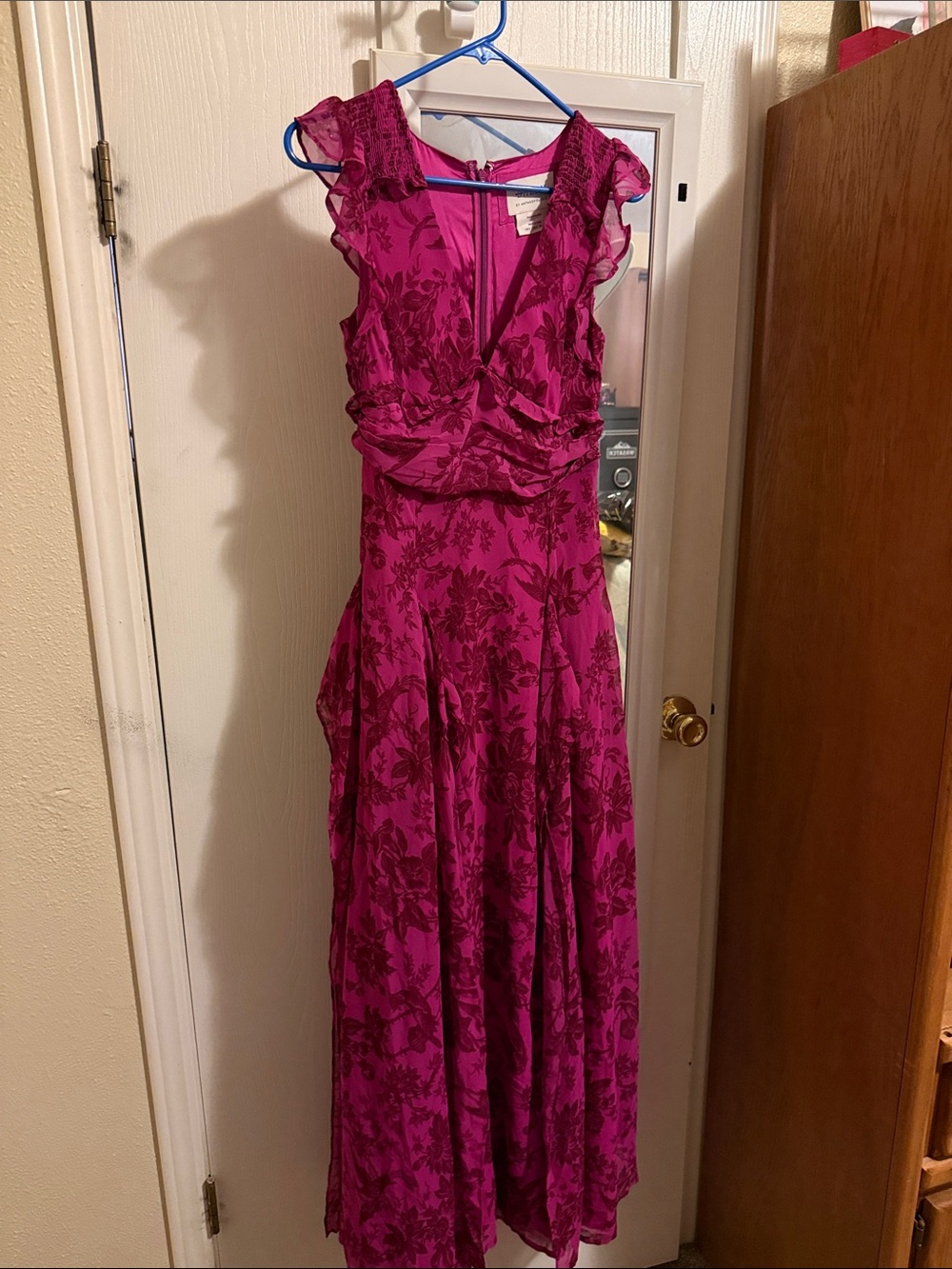 BHLDN Fuchsia Floral Ruffle-Shoulder Maxi Dress